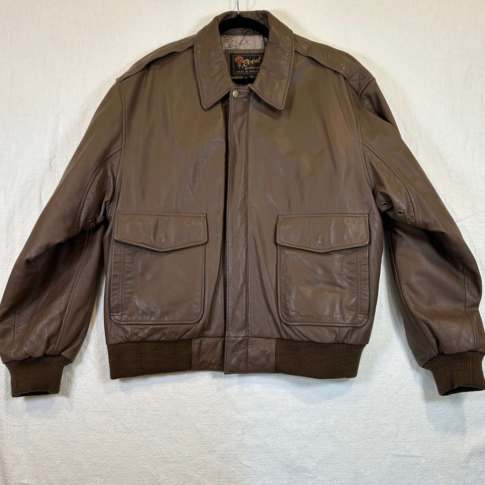 Reed Sportswear Mens Brown Leather Bomber Flight Jacket B1320 Map Lining L NWT